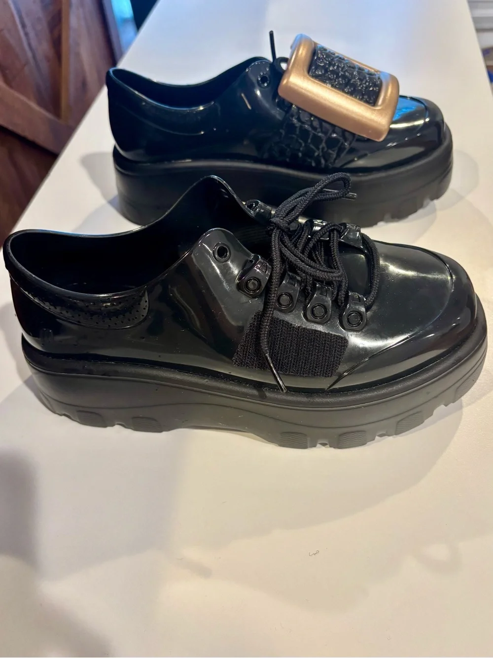 Melissa Black Patent Loafers with Bronze Square Buckle